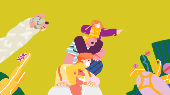 Illustration d'une famille observant un alpaga.