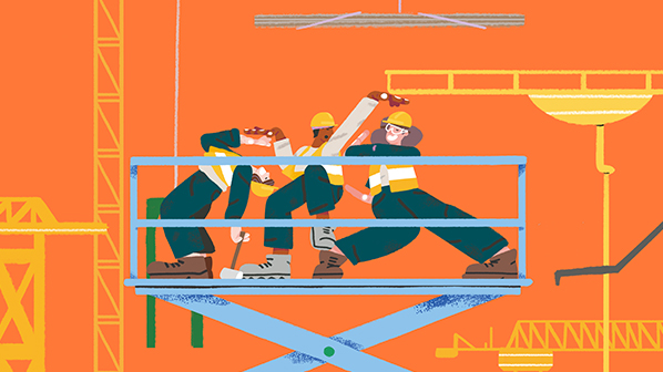 Illustration de trois employés sur un échafaud.