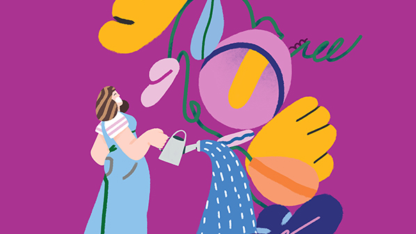 Illustration d'une femme arrosant ses fleurs.