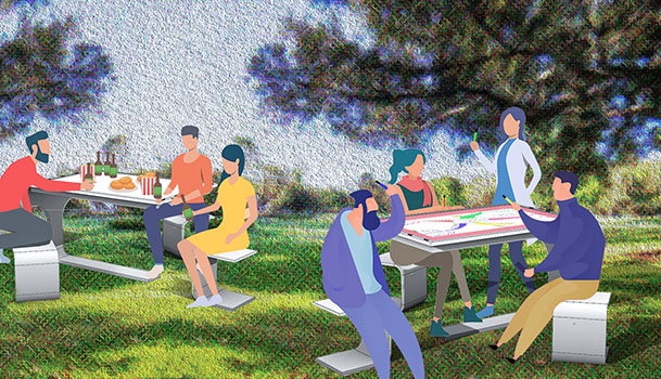 Illustration d'une idéation du Carré Laval d'un endroit où bon se rassembler