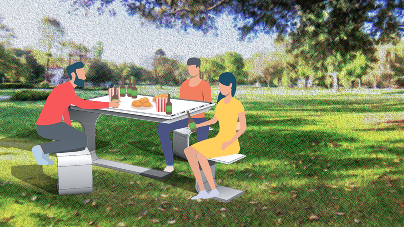 Illustration de 3 personnes qui mangent sur une table dans un parc